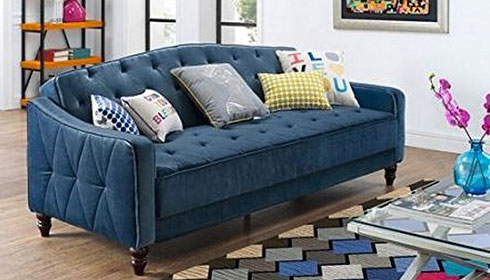 Blue Vintage Futon with Multi-Colored Shabby Chic Pillows