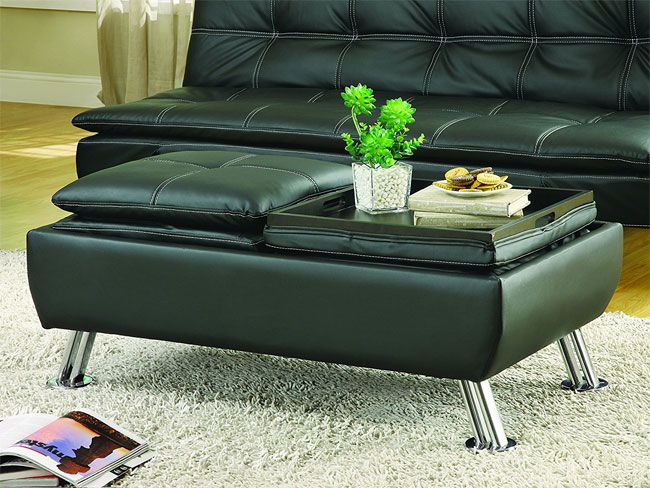 Coaster Furniture Black Faux Leather Storage Ottoman that Matches Futon Sofa Bed and Chaise Chair