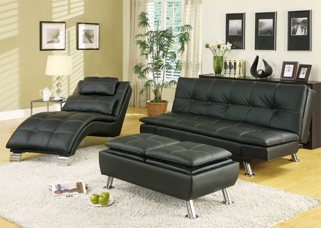 Coaster Futon Sofa Bed Set with Chaise and Storage Ottoman in Black Faux Leather