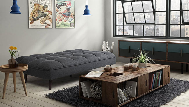 Tufted Grey Linen Futon Laying Flat as a Bed, in Industrial Loft Living Room