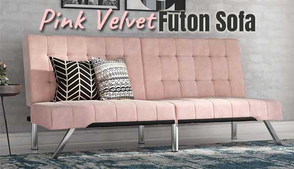 Pink Velvet Futon Sofa with Split Back Design and Tufted Upholstery