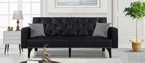 Tufted Bonded Leather Sofa with Nailhead Trim (in black or white - and actually a fold-down futon too!)