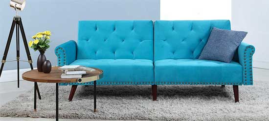 Divano Roma Vintage-Style Futon with Tufted Turquoise Upholstery and Nailhead Trim - priced Under $300 and One of the Top 5 Cheap Futon Beds