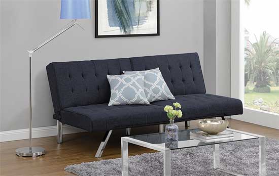 Emil Split Back Convertible Futon in Navy Linen Upholstery - One of the Top 5 Cheap Futon Beds Under $300