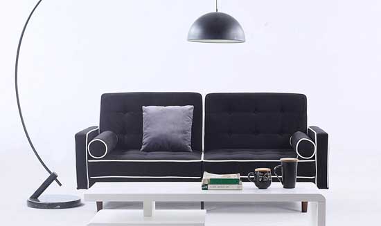 Mid Century Modern Futon with White Piping, Velvet Upholstery and Cylinder Pillows