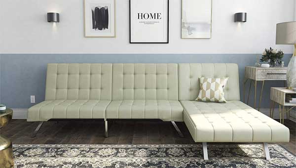 Emily Sectional Futon Sofa with the Couch and Matching Chaise Lounger Attached Together