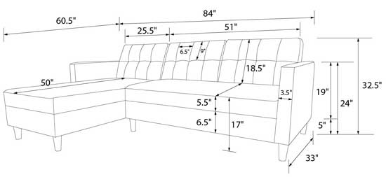 DHP Hartford Sectional Futon Dimensions and Measurements