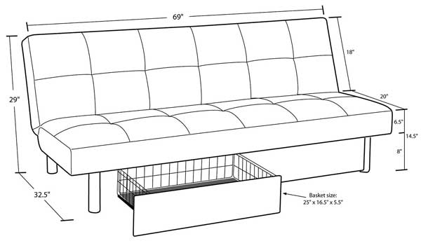 DHP Sola Futon Dimensions for Seat, Seatback and Drawers Underneath