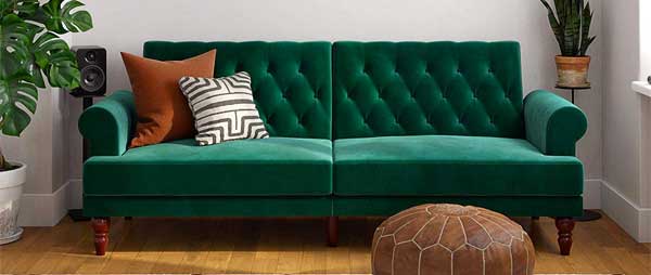 Vintage Style Green Futon Couch with Tufted Cushions 