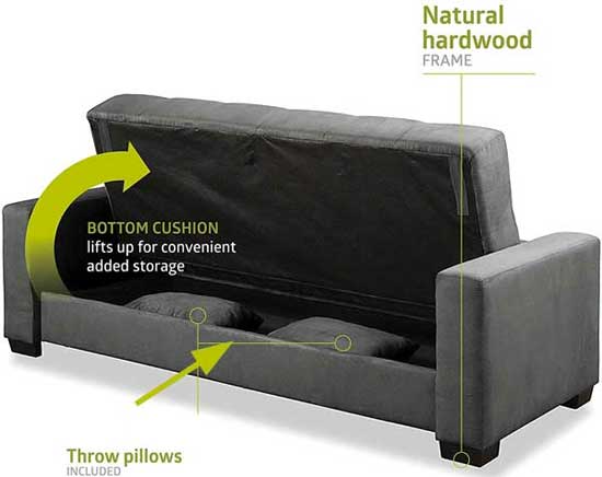 Storage Underneath Sofa Seat for Bedding and Pillows