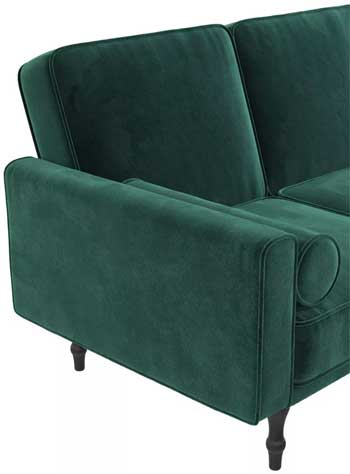 Green Velvet Futon Couch with Vintage Style, Bolster Pillows, Wooden Scroll Legs and Velvet Upholstery