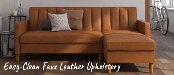 Easy to Clean Faux Leather Upholstery on Modern Futon Sectional