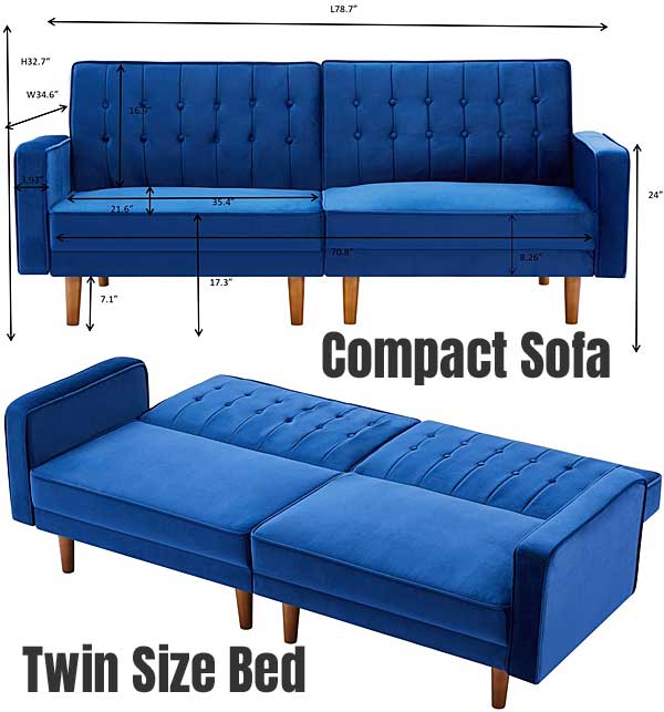 Blue Compact Futon Sofa Turns into a Twin Size Bed in Seconds