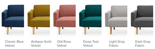 6 Futon Sofa Color Options: light grey, antique gold, classic blue, dark grey, deep teal, old rosa red