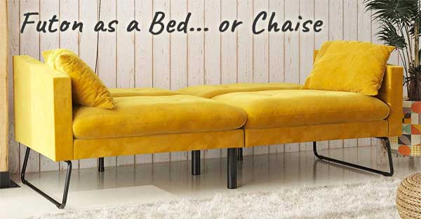 Tufted Futon Laid Flat as a Guest Bed or Casual Chaise Lounger