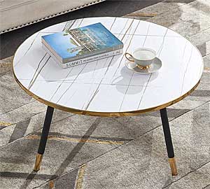 Gold and White Vintage Style Round Coffee Table with Slim Angled Legs