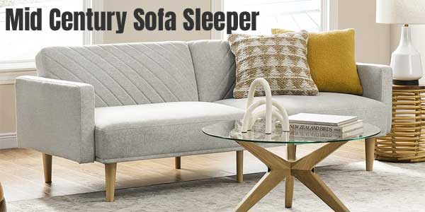 Mid Century Modern Futon Sofa Sleeper with Velvet Upholstery, Chevron Stitching