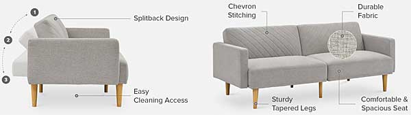 Mid Century Sofa Features - Chevron Stitching, Split Back Design, Tall Legs