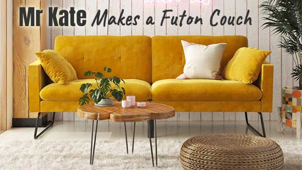 Mustard Yellow Mr Kate Futon Couch with Vintage Mid Century Modern Style